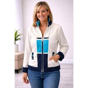 Allison Daley Petite Colorblock Zip Jacket White Blue Lightweight Casual